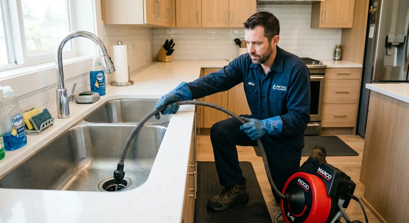 Drain cleaning technician using a motorized snake on a kitchen sink in Marple