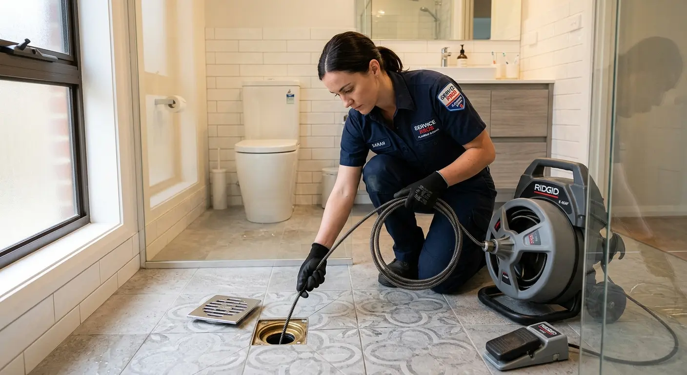 Technician clearing a bathroom floor drain for Drain Cleaning in Marple